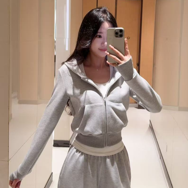 2025新款美式短款连帽掐腰显瘦卫衣套装上衣秋冬慵懒风百搭卫衣