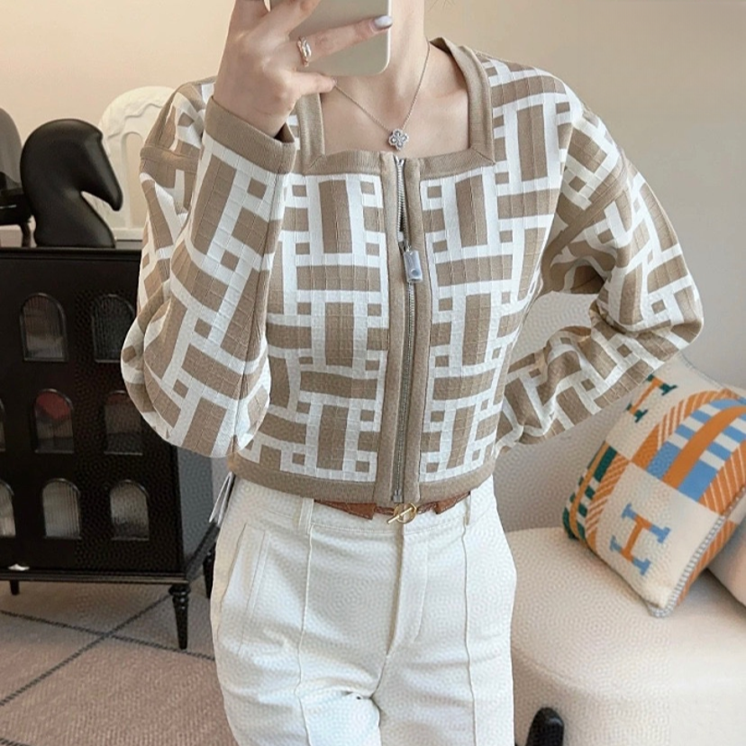 全新未使用 Hermes/爱马仕 拼色方领夹克外套/尺码38/000