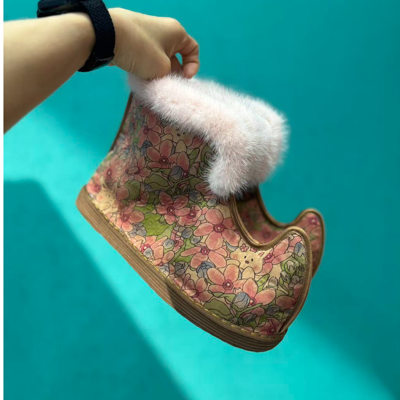 小兔子翘头靴平底国风加厚冬季老北京布鞋手工千层底布鞋保暖软底