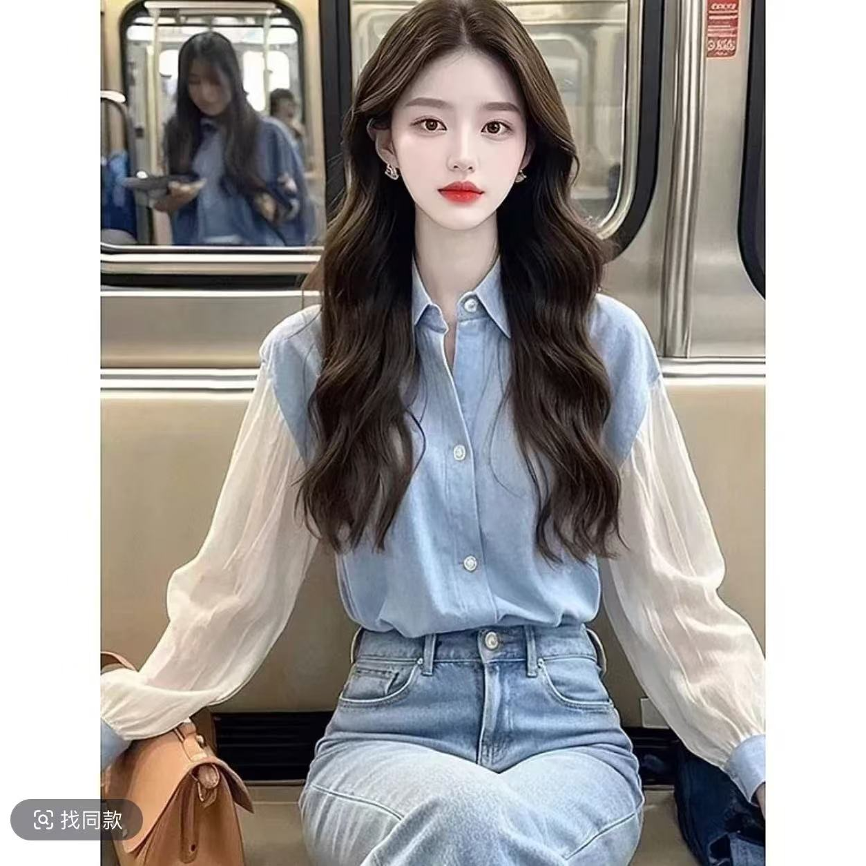 2025漂亮小衫法式奶系温柔遮肚子上衣设计感小众蓝色衬衫早秋