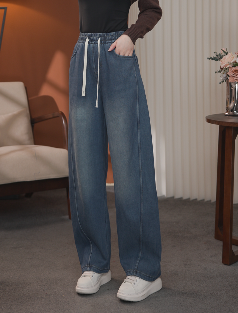 【阅初】2025纯色天空蓝女士牛仔裤休闲松紧系带加绒直筒阔腿裤