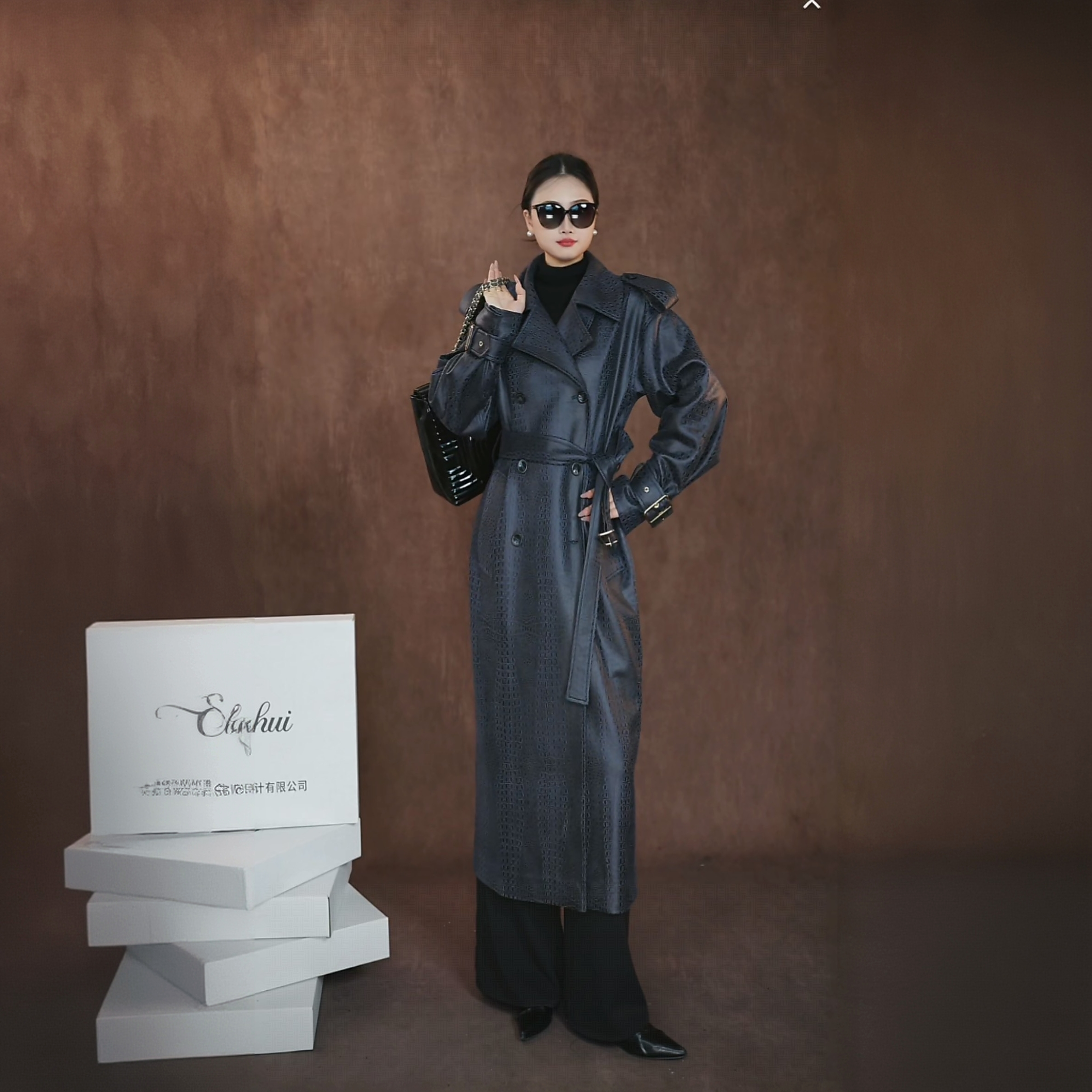 【暗纹飒风】修身型长袖皮衣气质宽松型常规设计师翻领