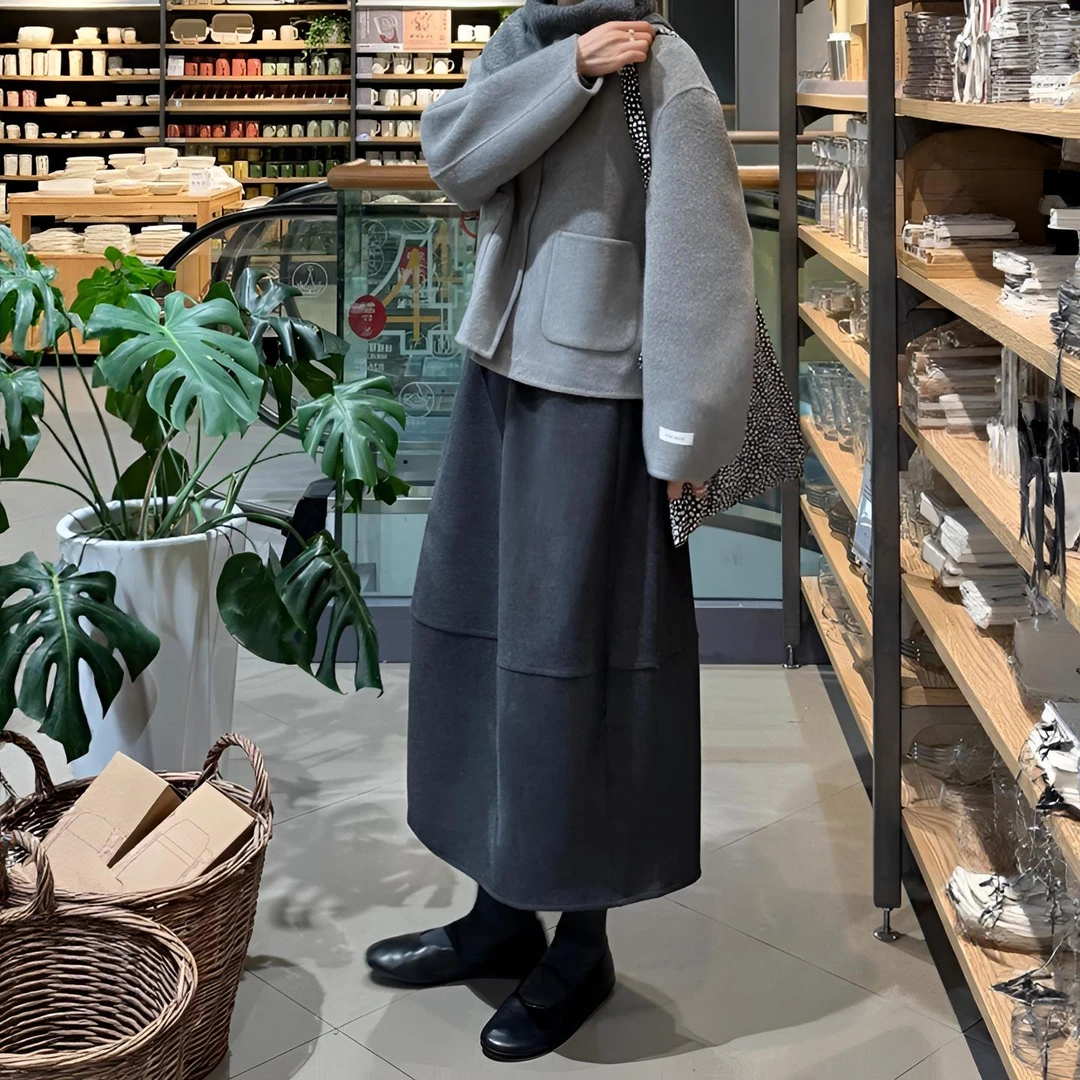 毛呢半身裙女秋冬新款大码胖妹妹巨好看的a字梨形花苞裙子