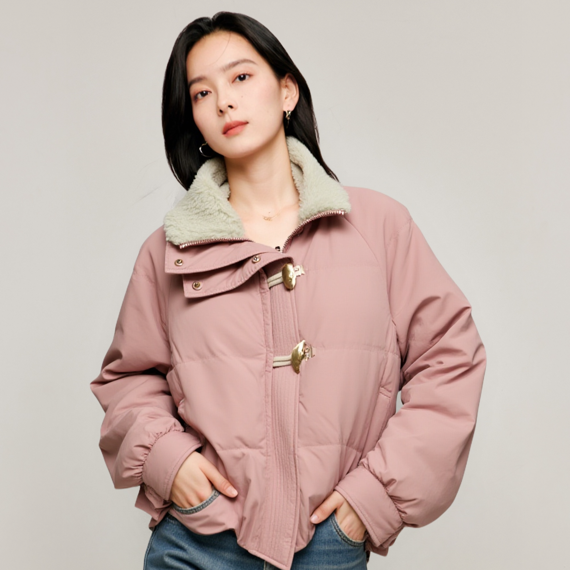 【流光风穿搭】茵曼25冬季90鸭绒牛角扣毛领羽绒服百搭保暖短款外套