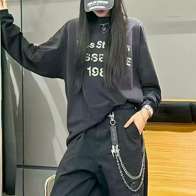 长袖T恤70525渐变字母印花男女同款中性风秋新款薄打底上衣宽松