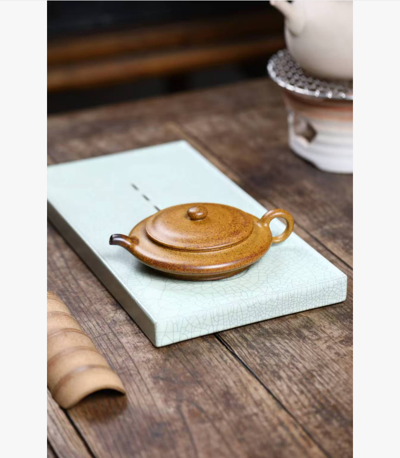 正宗宜兴原矿高温龙骨金砂简约虚扁壶高档茶壶茶具礼品110cc