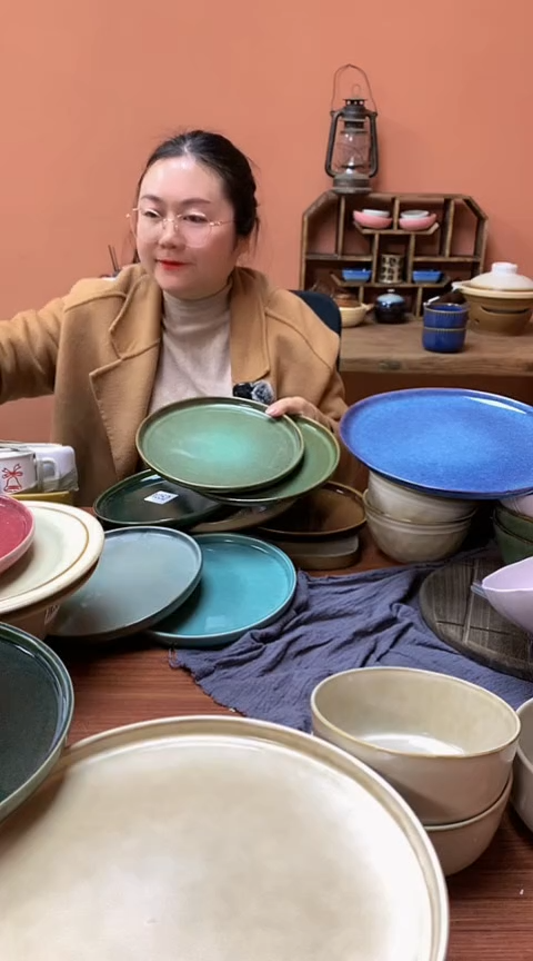 【闪购商品】碗X053 陶瓷盘子两件套草绿