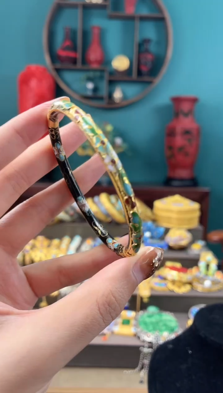 景泰蓝金地开口圆镯子57-62黑色