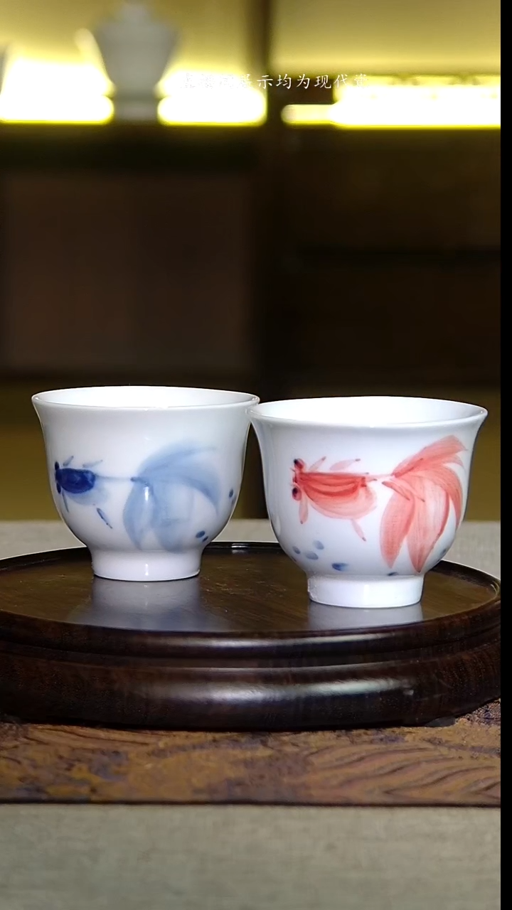 景德镇手绘青花加彩金玉满堂对杯