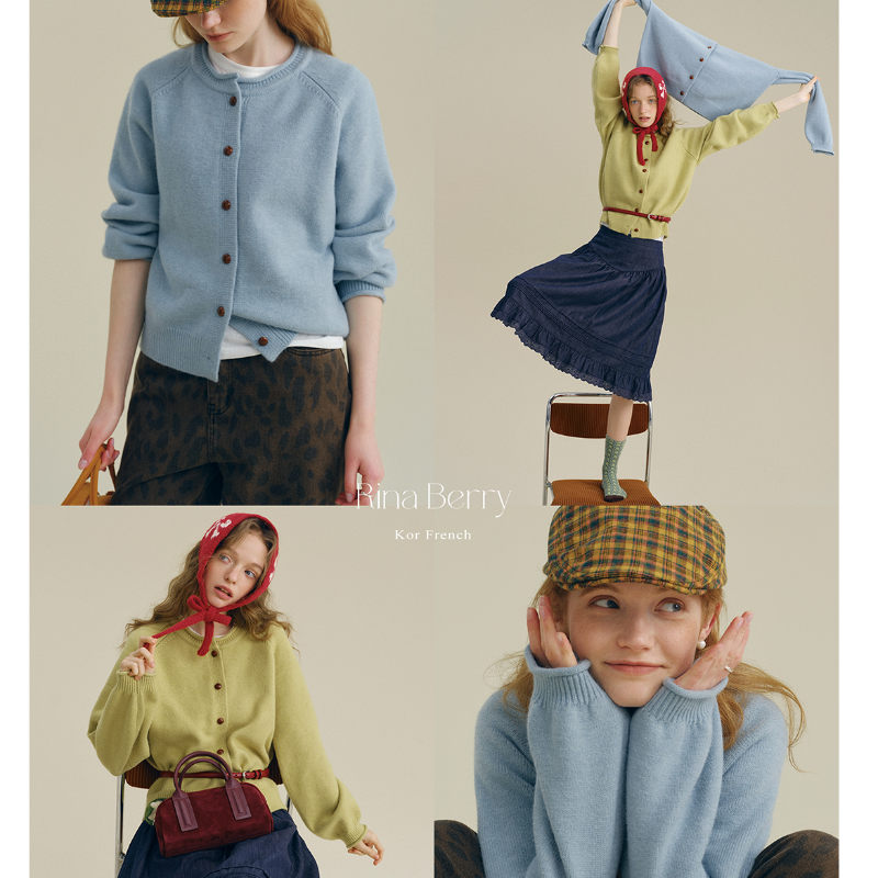 Rina Berry圆领单排两色针织衫百搭早秋通勤基础设计感扣开衫外套