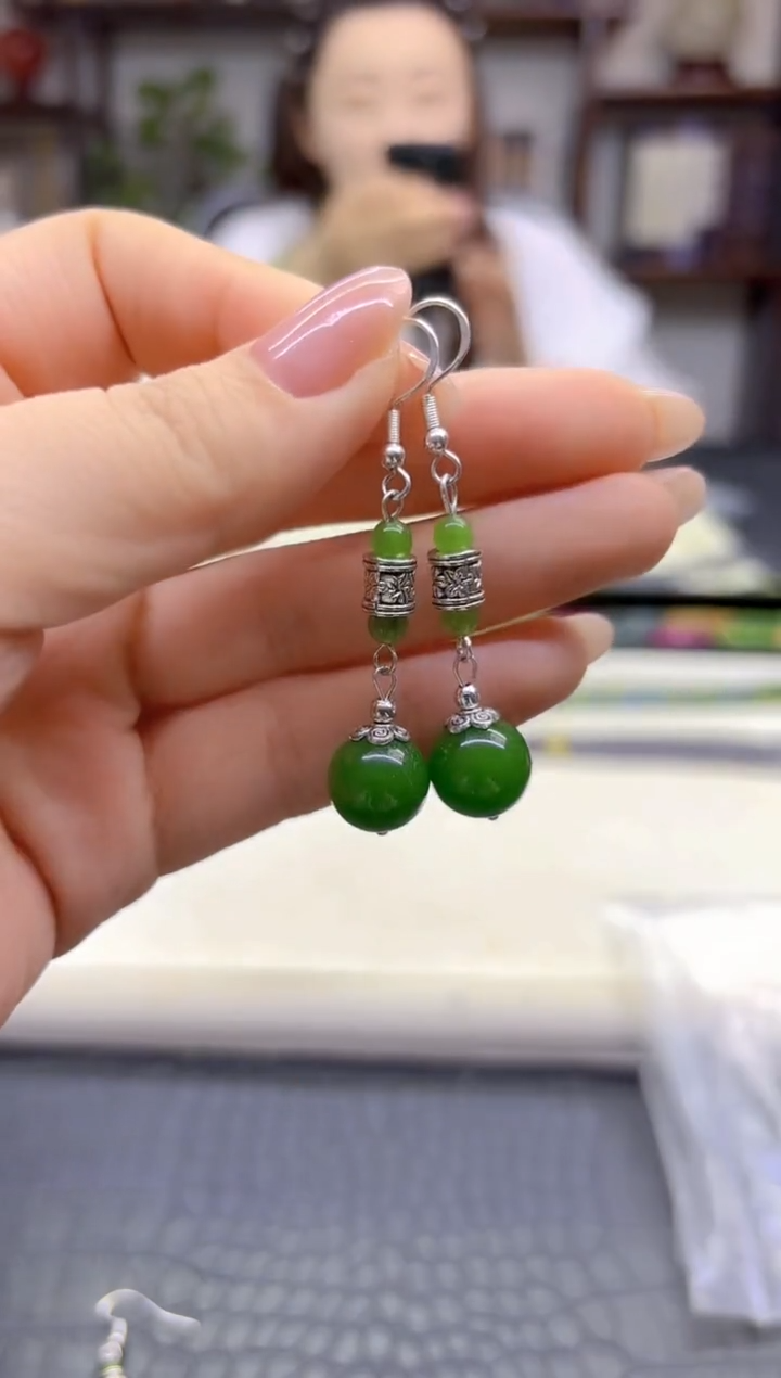 银S925镶嵌和田玉耳饰DIY款E877