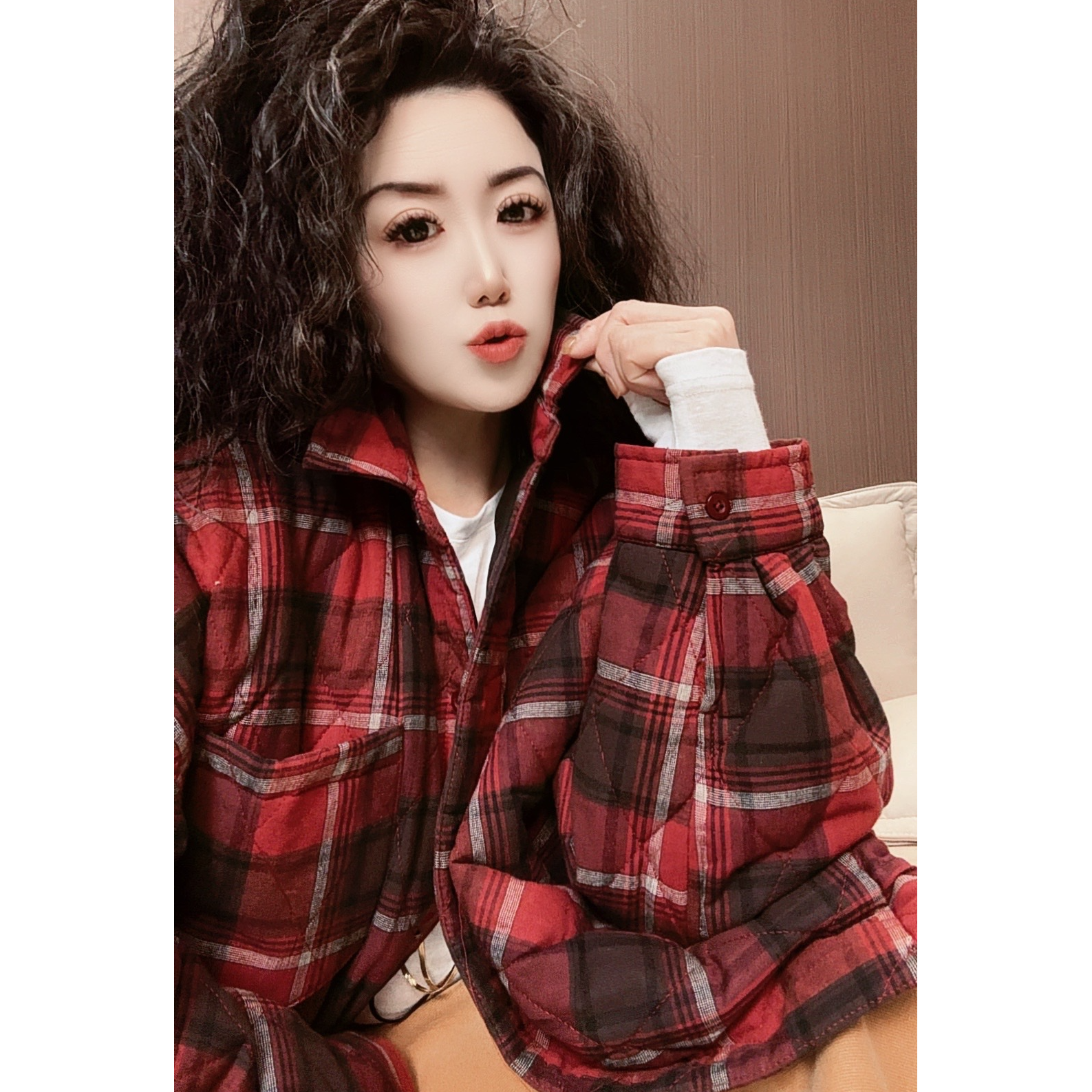 DPL2026新款复古风红黑格子宽松加厚棉外套