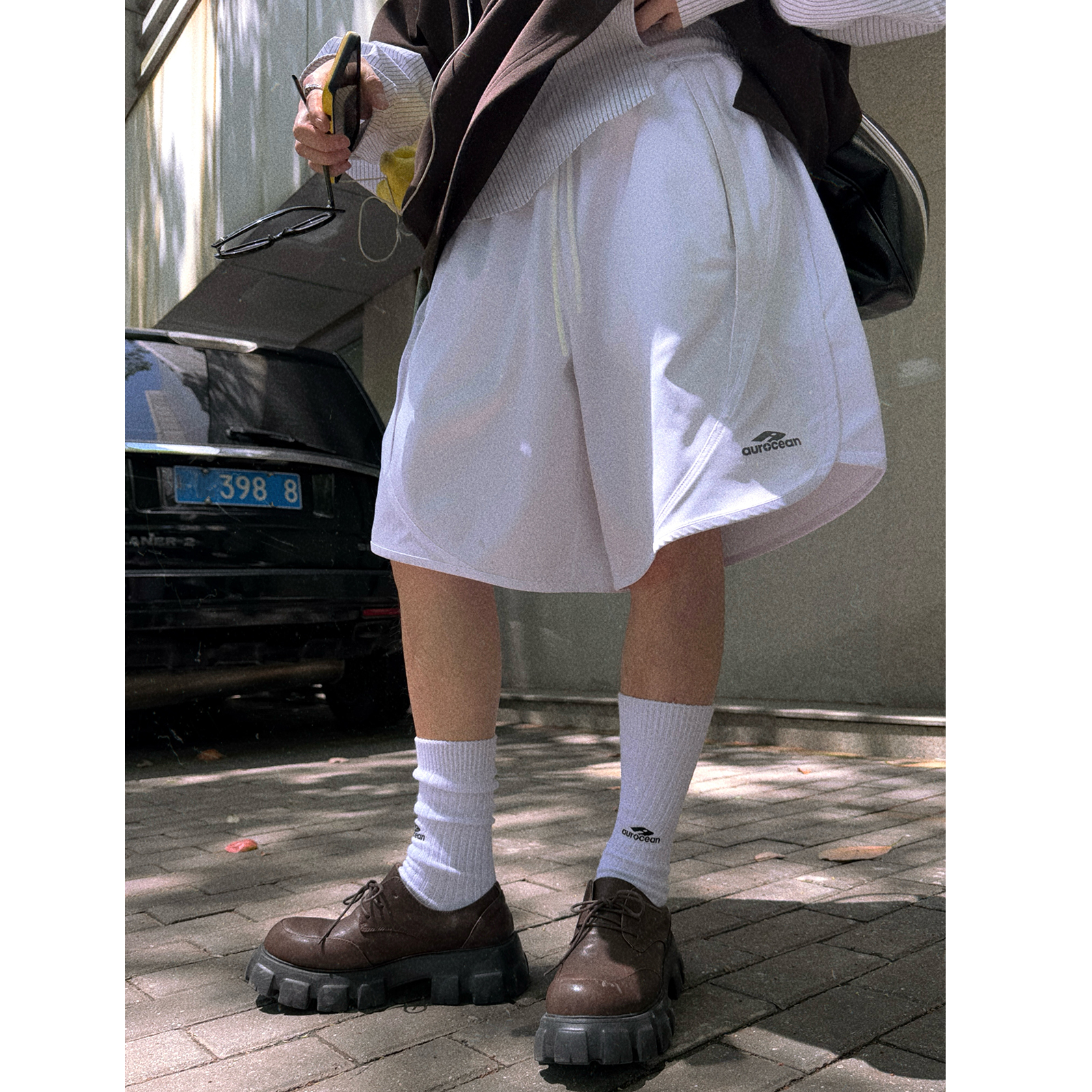 Aurocean 复古少年运动短裤 立体廓形剪裁清凉速干白色五分裤