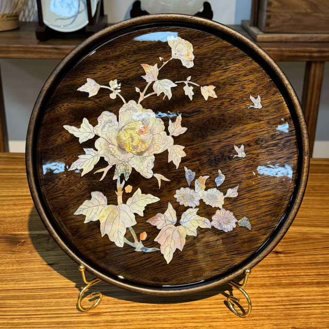 龙福木艺金丝柚木花花螺钿大圆盘30.30.2cm