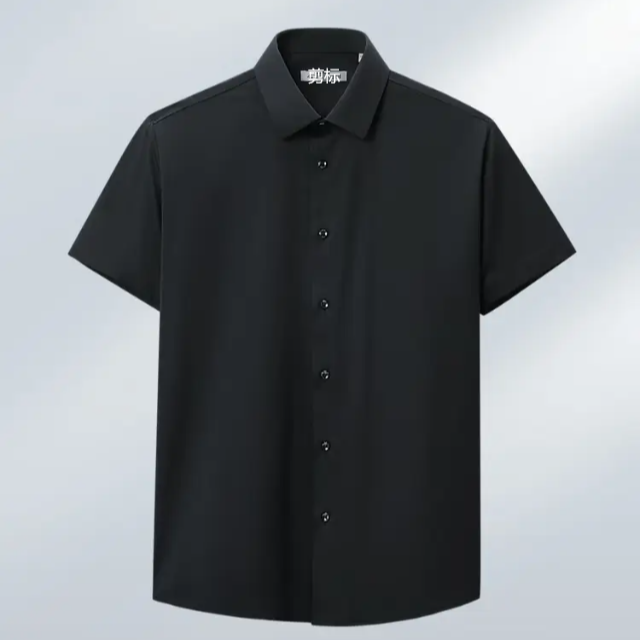 短袖衬衣尖领无痕科技商务正装夏季衬衣男无痕黑色条纹运动透气