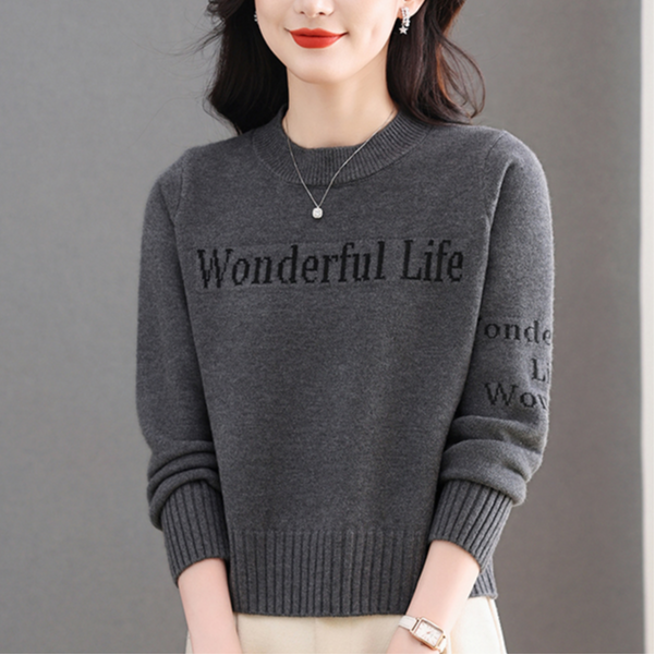 秋冬女高端提花针织打底衫圆领短款毛衣厚款保暖长袖上衣百搭时尚