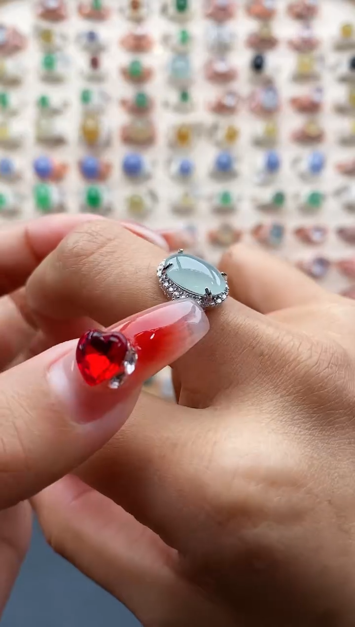 【闪购商品】翡翠戒指银S925镶嵌缅甸天然A货翡翠444 7+4