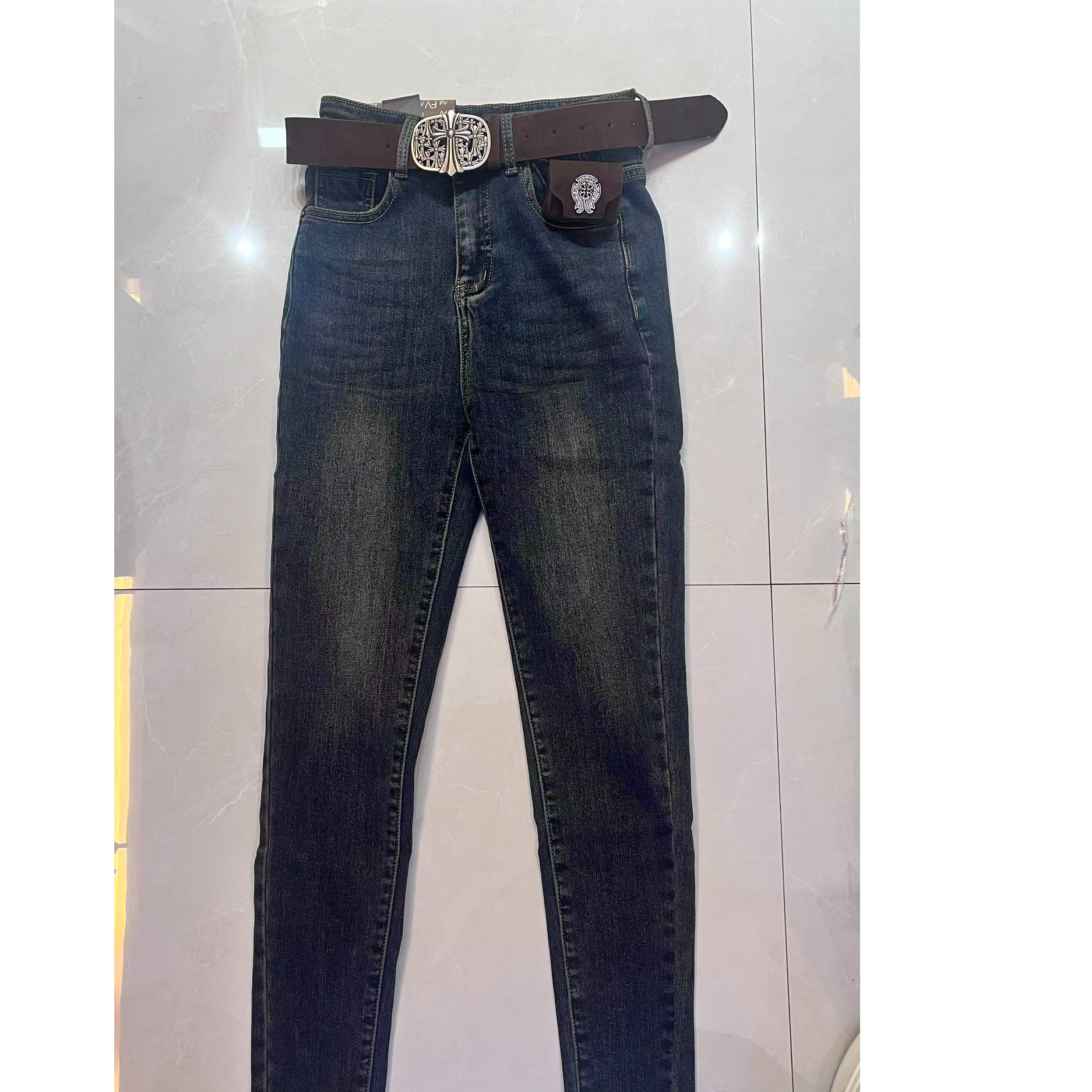 9172新款冬季高腰植绒铅笔小脚牛仔裤