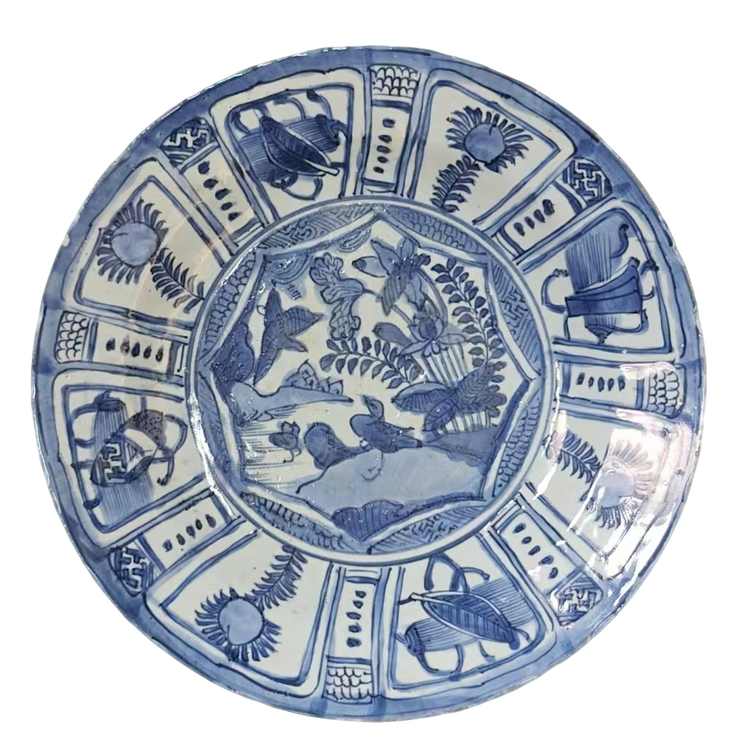 【晓瓷堂】明万历 青花开光花鸟纹克拉克盘 QT250530