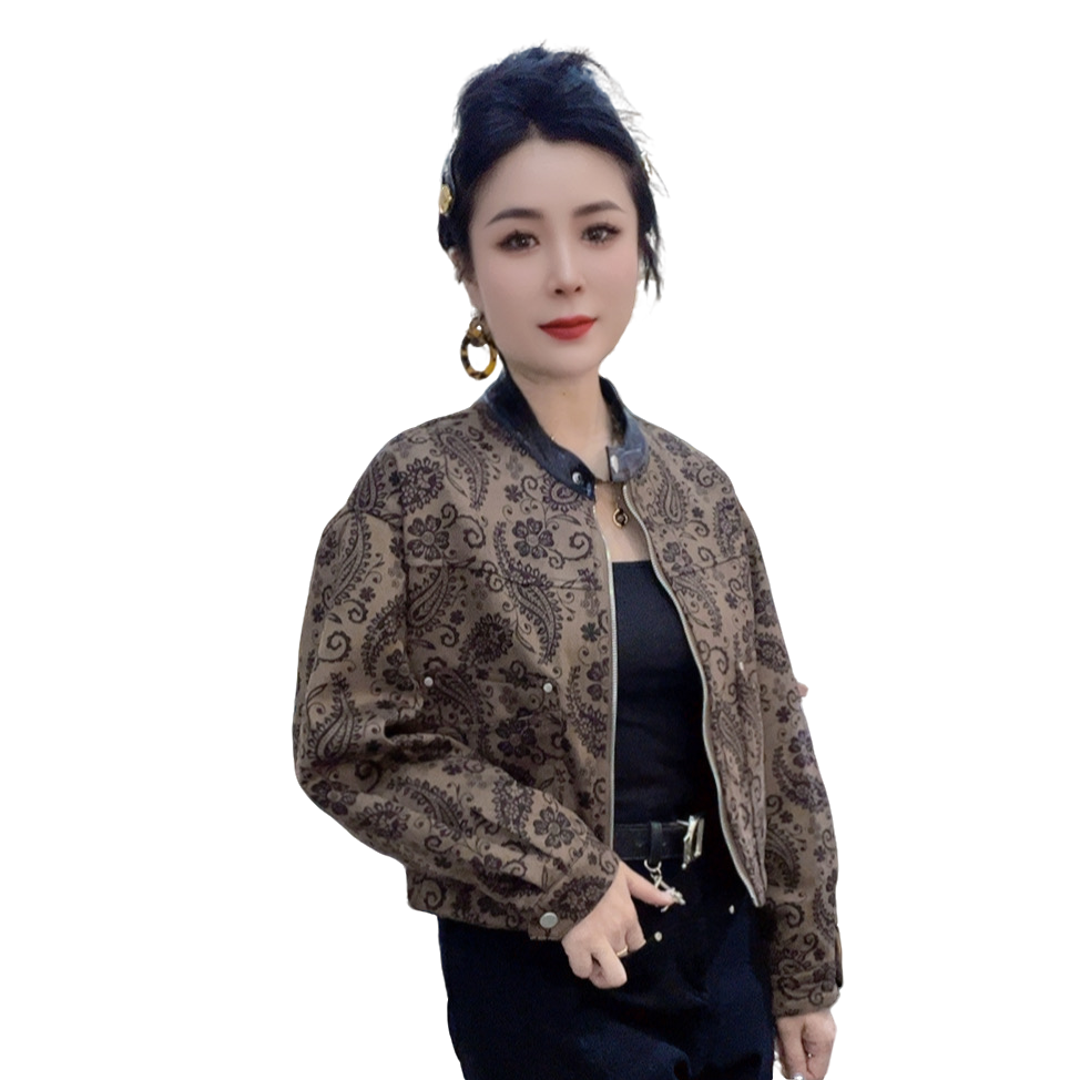 莉丽佳8873款女装秋季长袖立领拉链花色短外套时尚洋气休闲百搭版