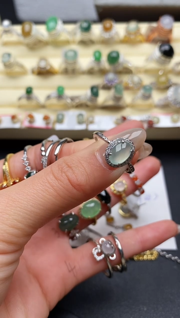 【闪购商品】翡翠戒指银S925镶嵌缅甸天然A货翡翠55  1-