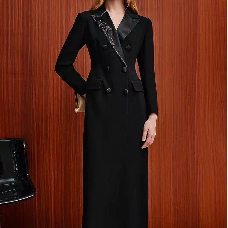 【朵】冬季纯色显瘦黑色双排扣连衣裙秋冬时尚洋气女装女神ol088