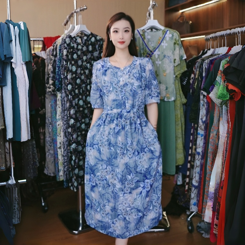 11602-中老年高档时尚系带连衣裙夏季新款洋气修身减龄裙子【依】