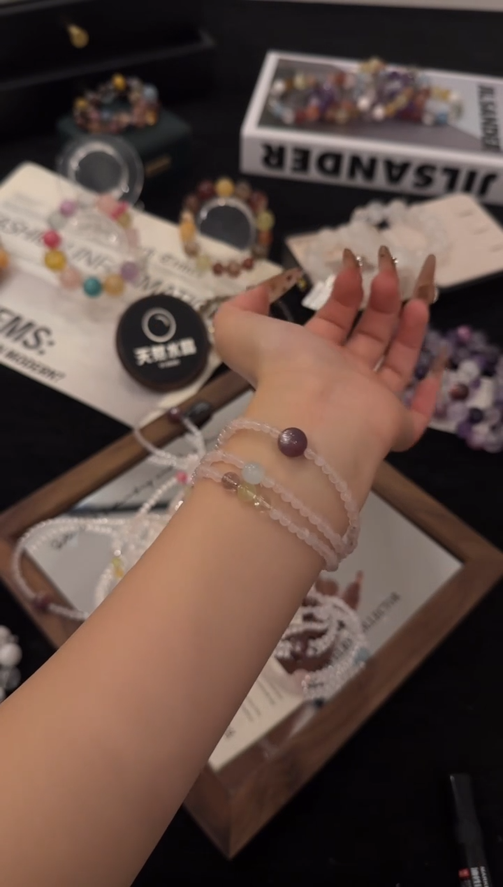 银S925镶嵌手链水晶粉水晶三圈x3530