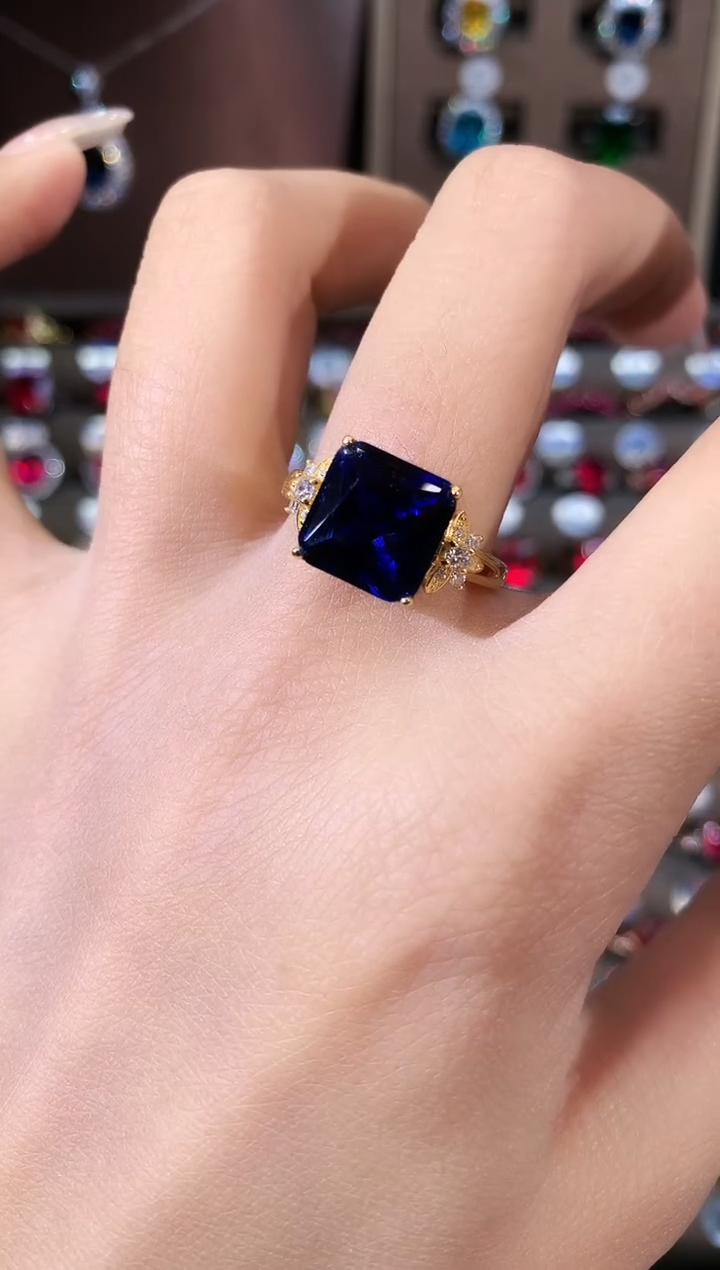 戒指蓝宝石银S925镶嵌10金