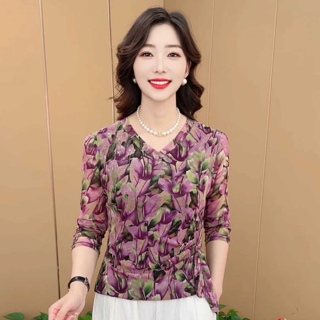 早秋新款时尚V领系带洋气妈妈装洋气百搭休闲弹力长袖上衣K1722