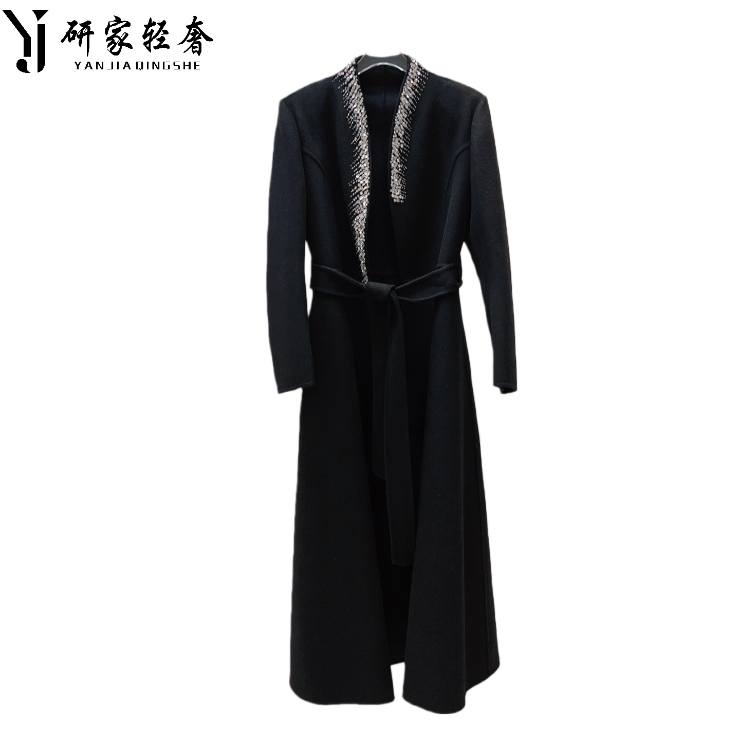 6173研家轻奢新款重工订珠双面羊绒系带收腰中长款羊毛大衣外套