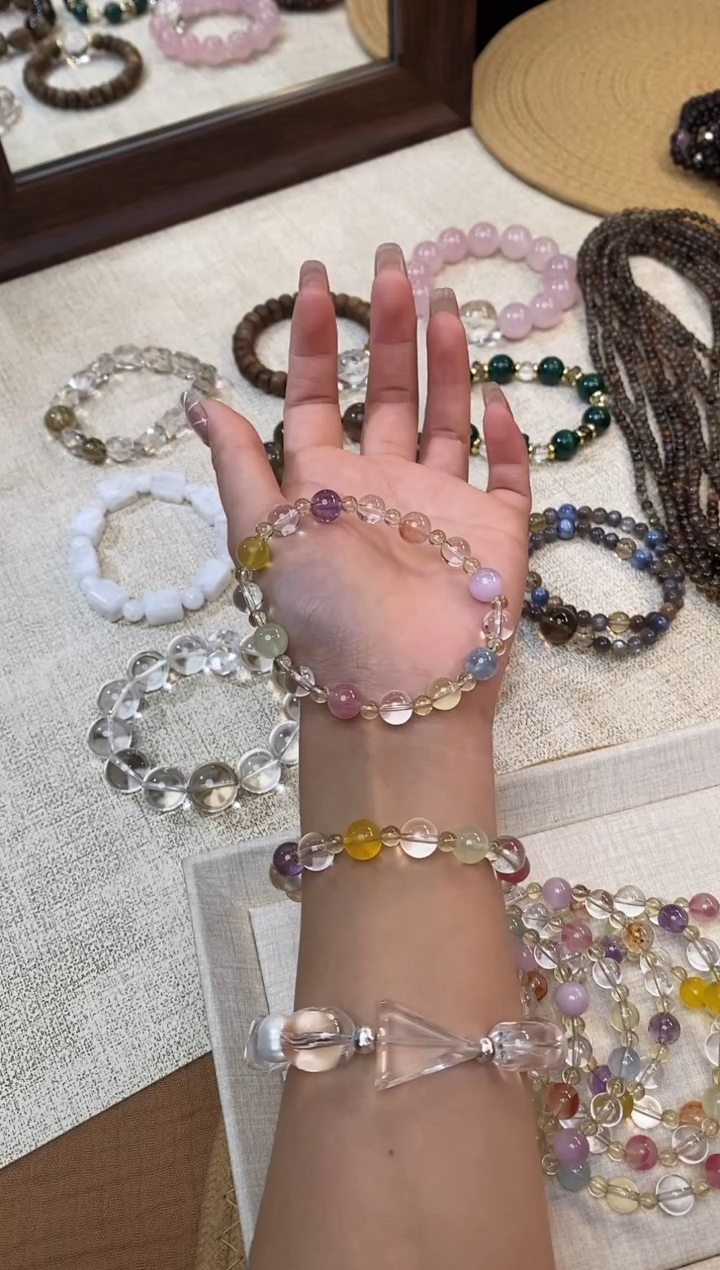 合金手链水晶《童画》紫黄茶白水晶多宝设计款手串8-9mm多样性发一