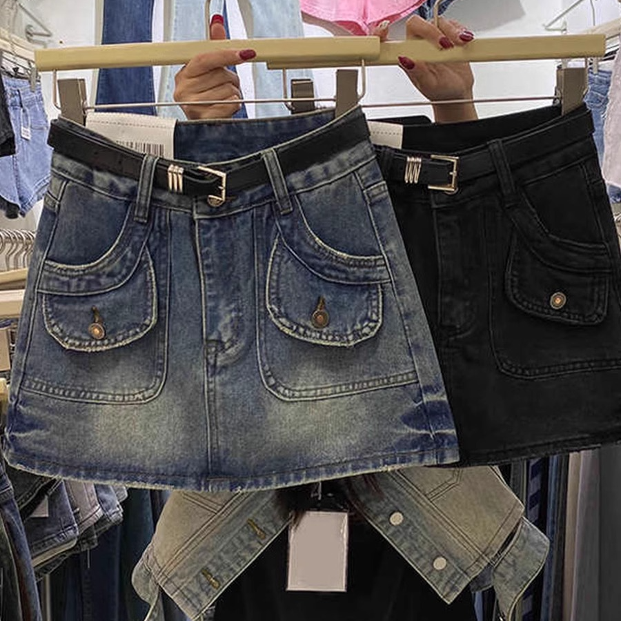 C大码胖mm复古设计感高腰牛仔半身裙女夏季显瘦短裙裤包臀裙