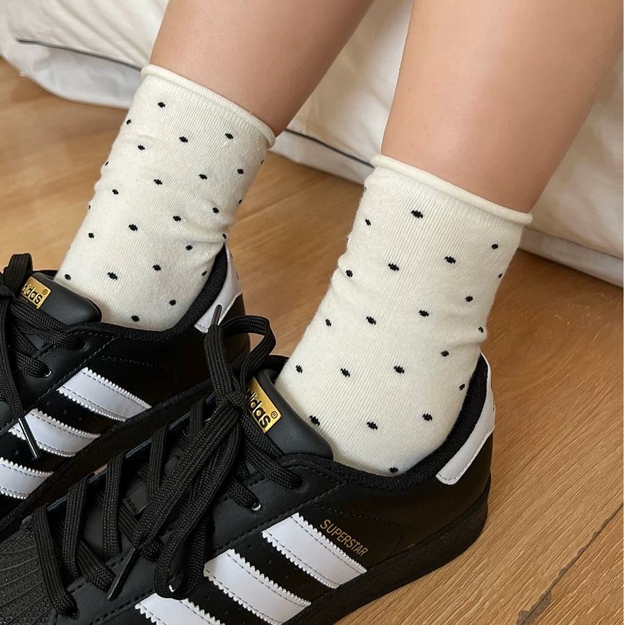 卷边波点袜子中长筒潮流学院风堆堆袜W1033T