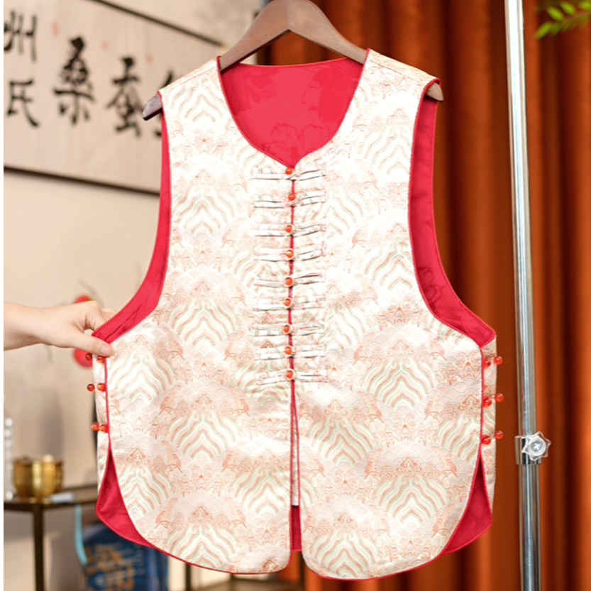 鸿运-新中式秋季宋锦桑蚕丝海浪纹马甲上衣外穿上衣马夹中国风