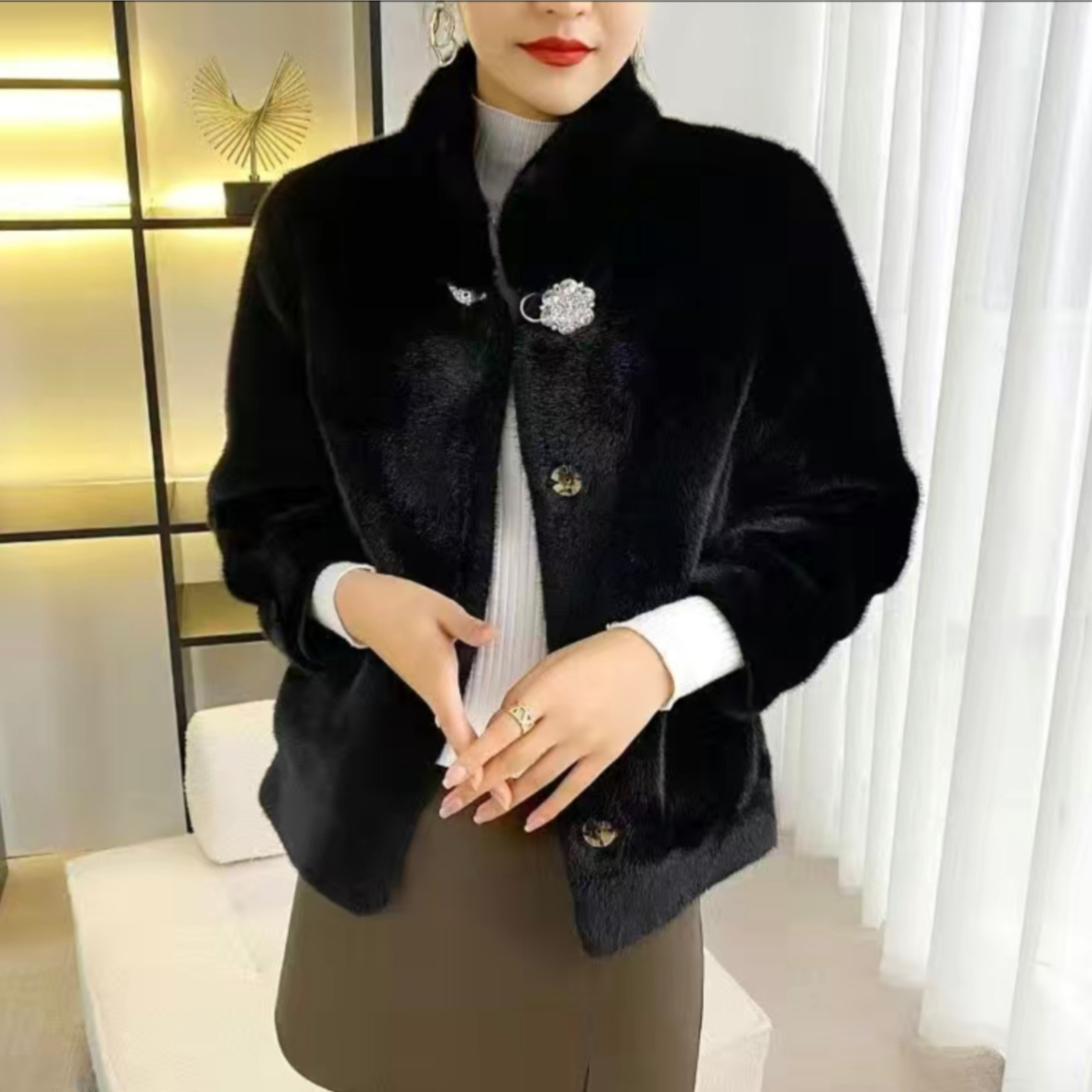 女士立领短款雪兰貂皮草外套QH