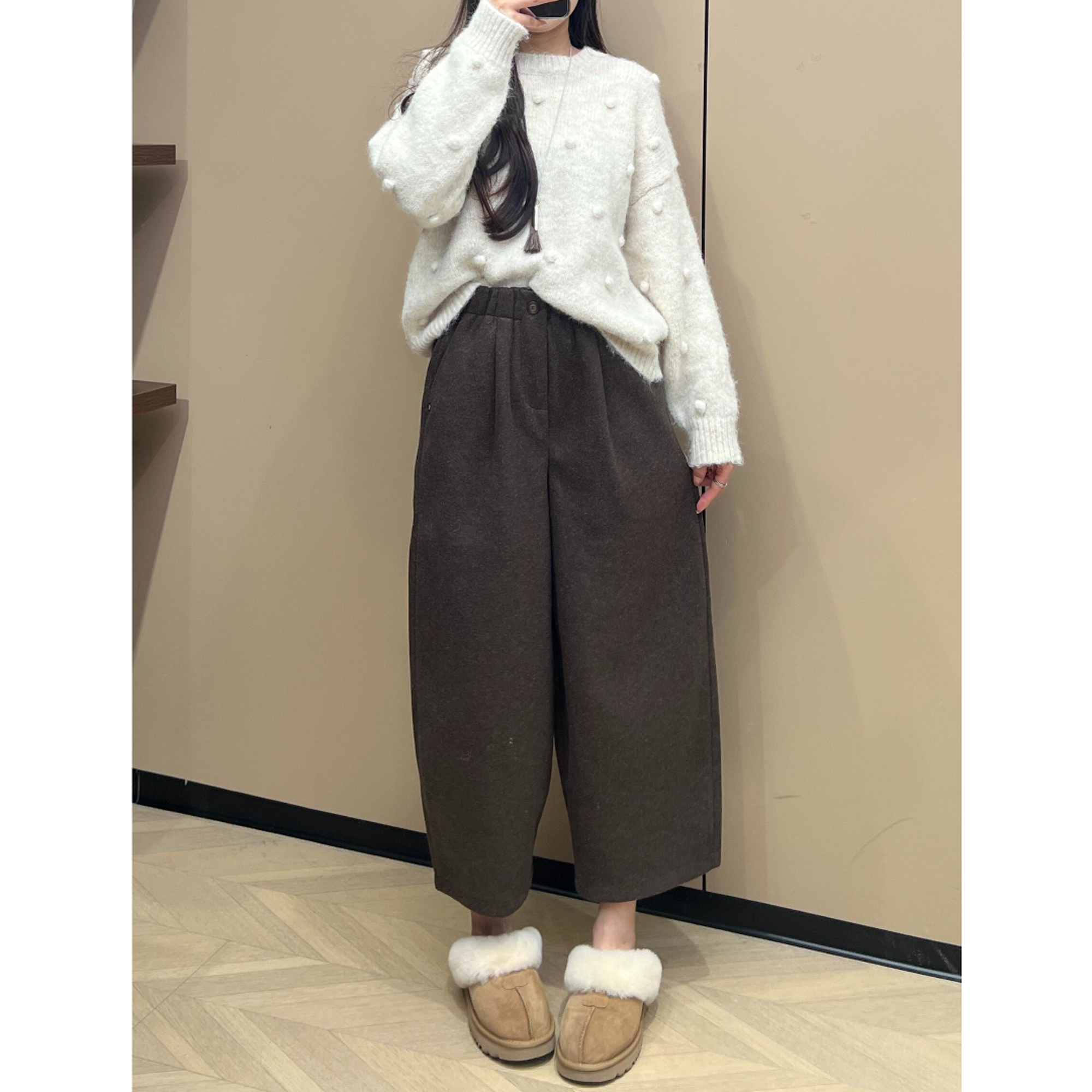 2025冬季新款加厚毛呢休闲裤女梨形小个子宽松显瘦高腰阔腿九分裤