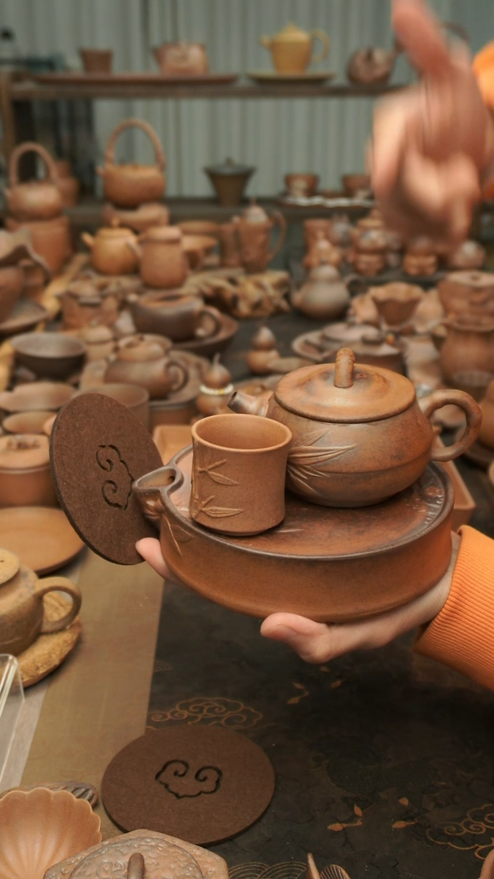 竹节蓄水壶承+扁竹壶+小竹节杯