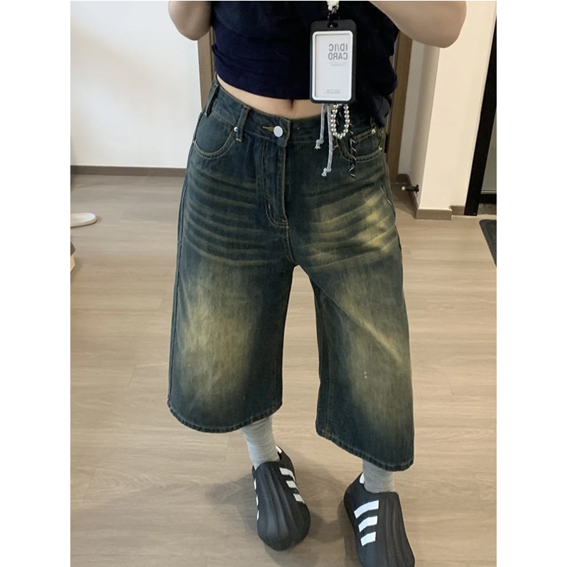 夏季新款高街七分牛仔短裤女美式做旧宽松阔腿显瘦百搭直筒中裤子