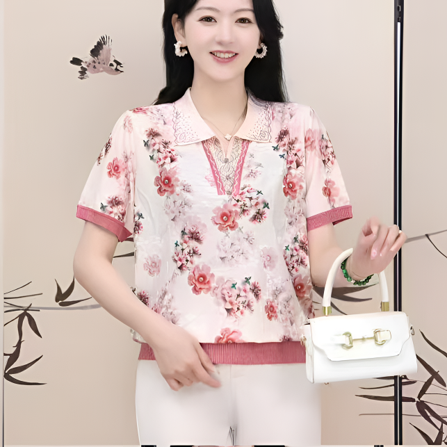 中老年女妈妈夏装冰丝短袖印花T恤小衫妈妈装夏季旗袍领上衣大码