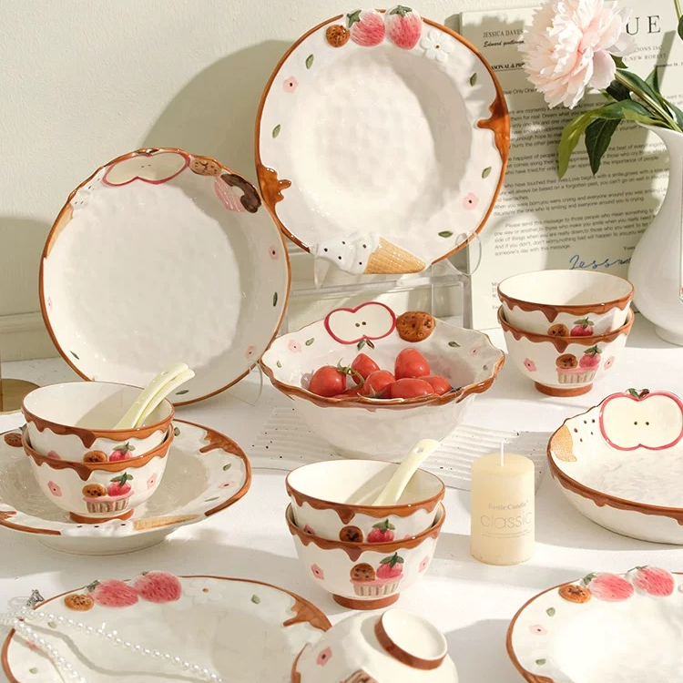 海派甜心手绘釉下彩陶瓷味碟米饭碗汤面碗沙拉意面汤深盘浮雕餐具