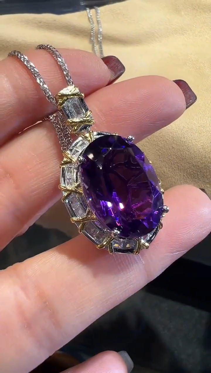 颈饰银S925镶嵌紫晶紫水晶吊坠