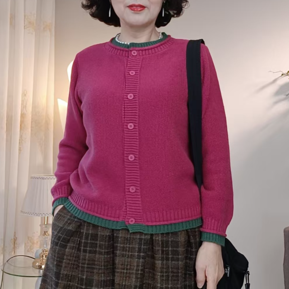 【新品现货】棉线拼色圆领针织长袖开衫秋冬女士时尚百搭休闲外套