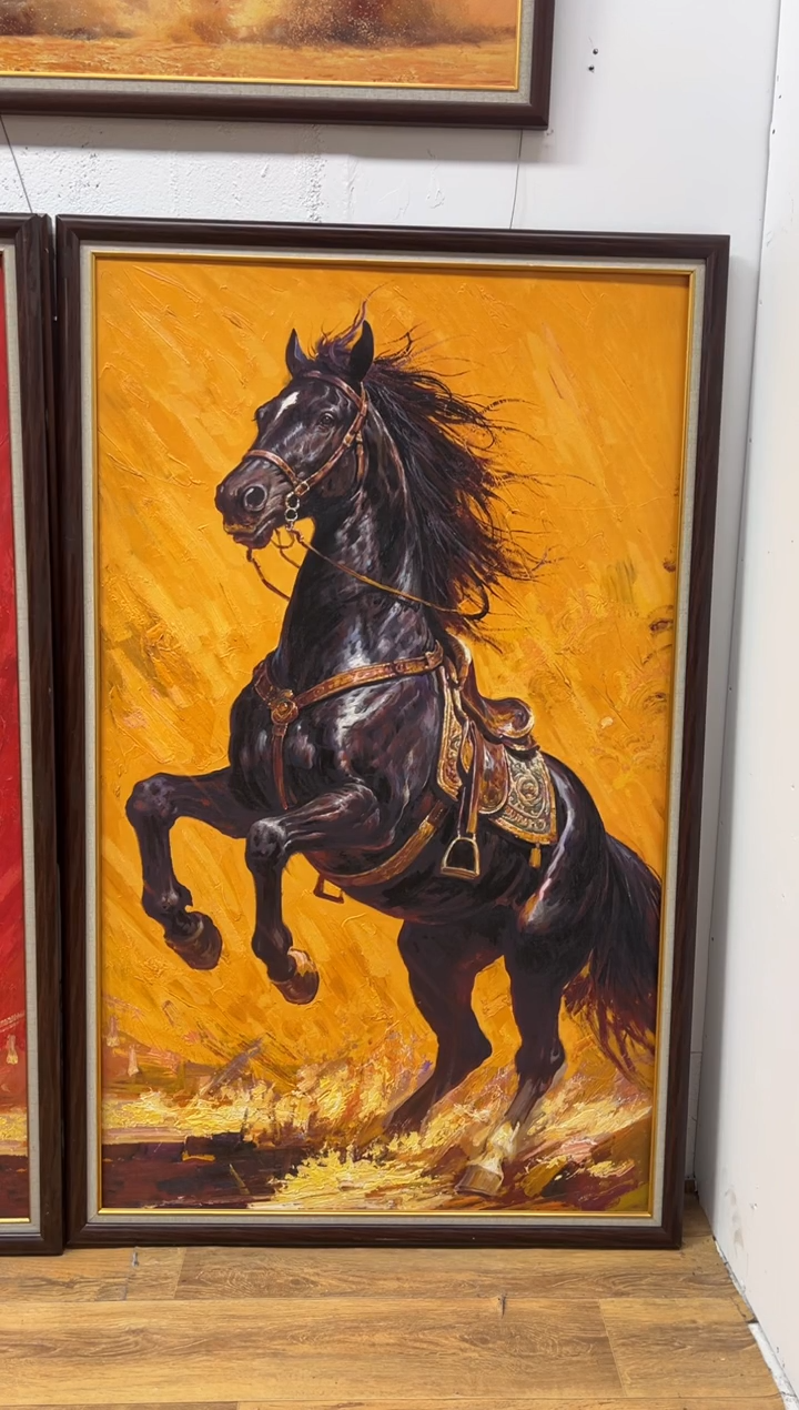 油画张*龙一马当先原创艺术油画茶室背景装饰版画挂画