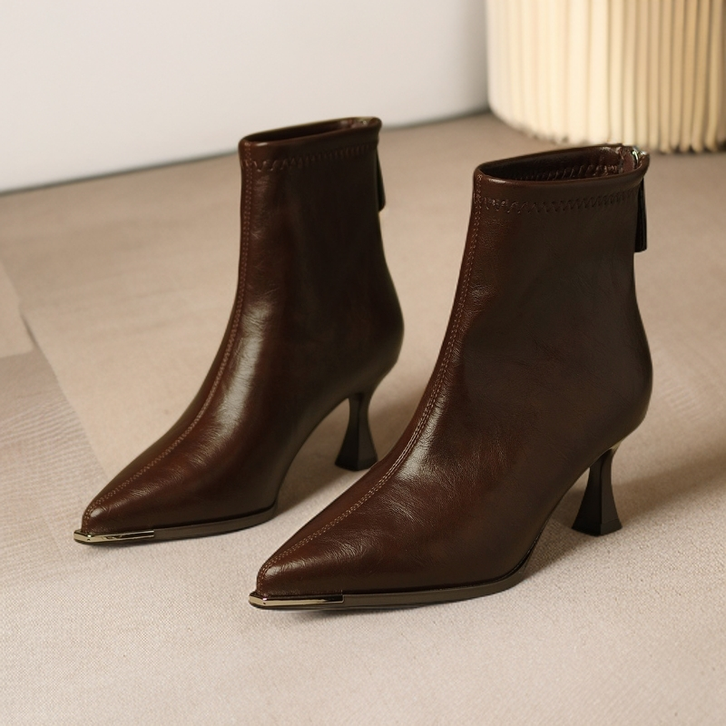 羊皮版~法式金属尖头高跟瘦瘦靴女款2025新款冬季加绒时装靴短靴