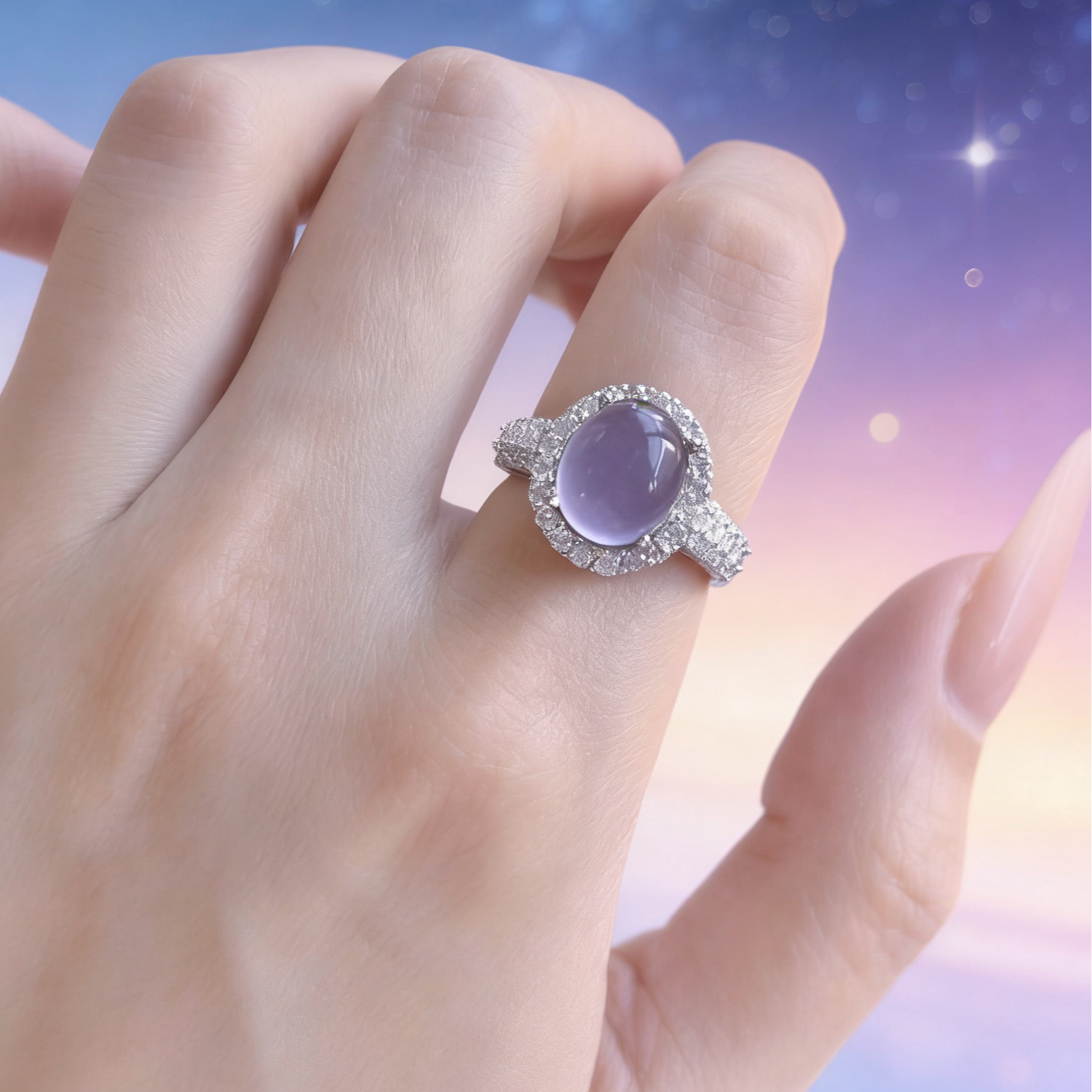 大蛮腰款托通体S925银拖镶嵌紫萤石面戒指温柔显白可调节