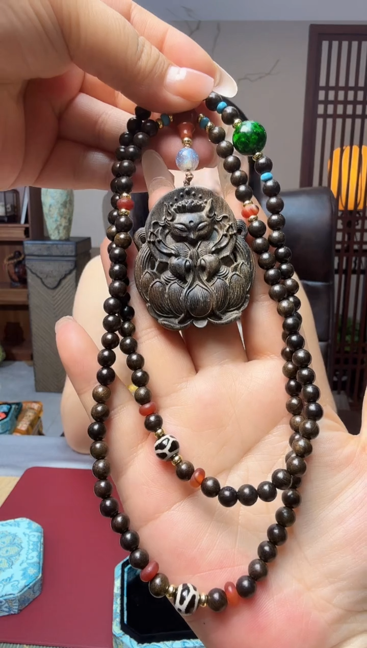 木质足银I 甄选好物沉水木大料雕刻凤九牌子带虬虬三通项链