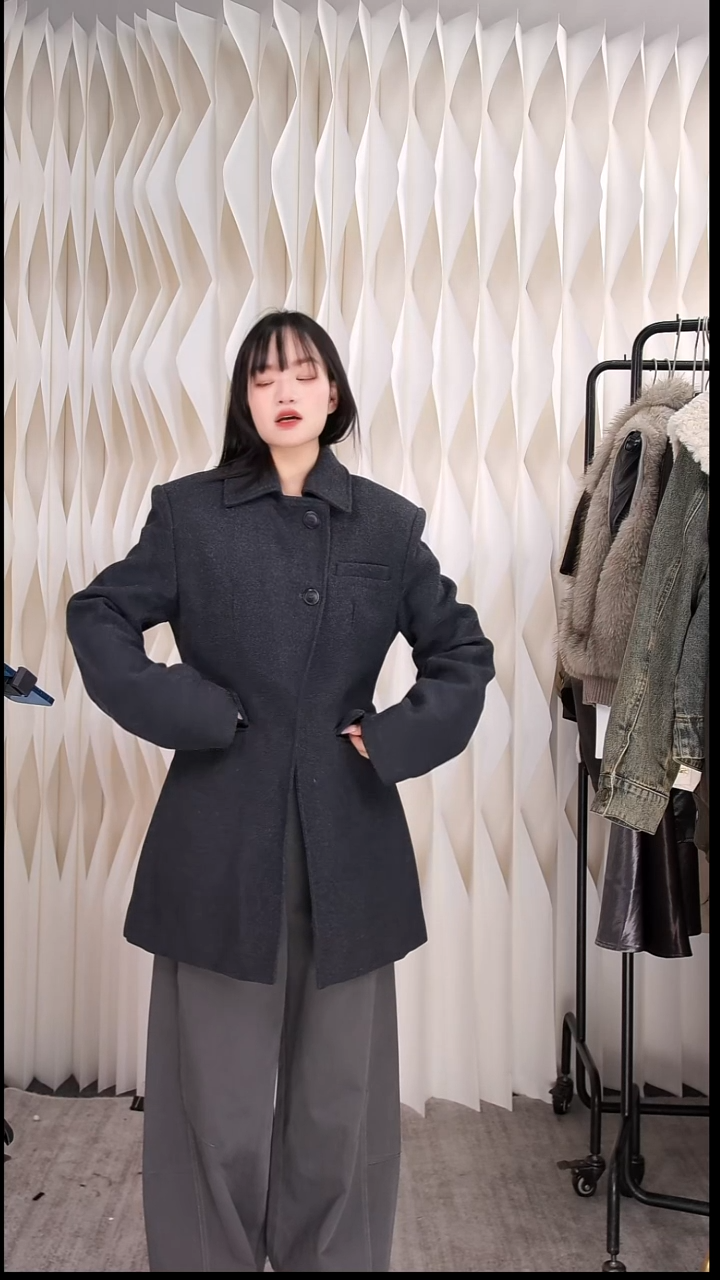 灰色复古夹棉西装大衣外套秋冬中长款直筒半身裙两件套m码