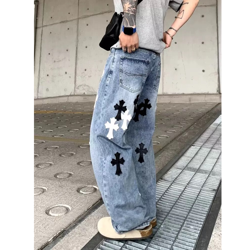 美式十字架中高腰休闲风 百搭韩版水洗刺绣直筒宽松牛仔裤月光蓝