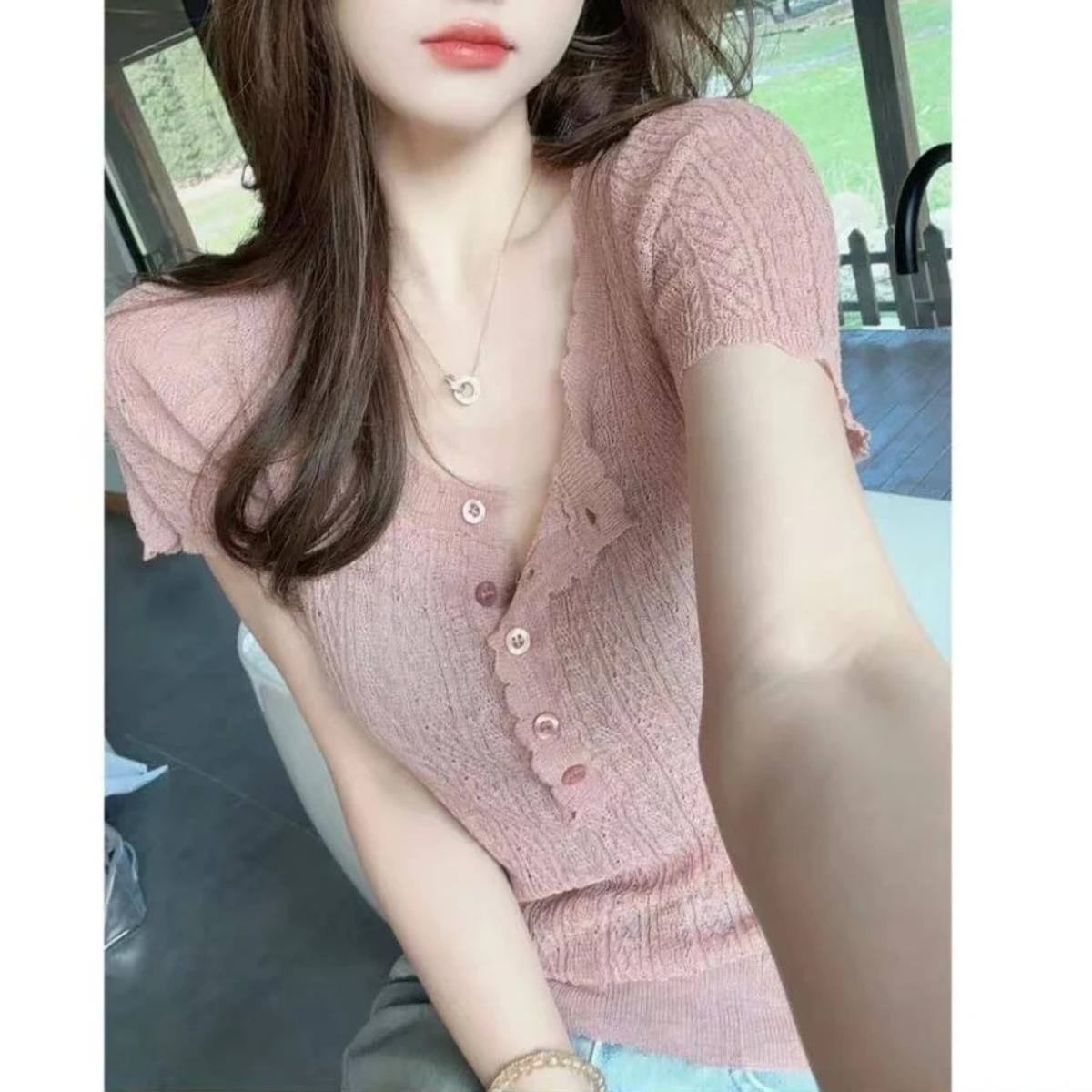 【⑨.⑨】扣号下单备注编号镂空上衣凉感修身短袖2023新款